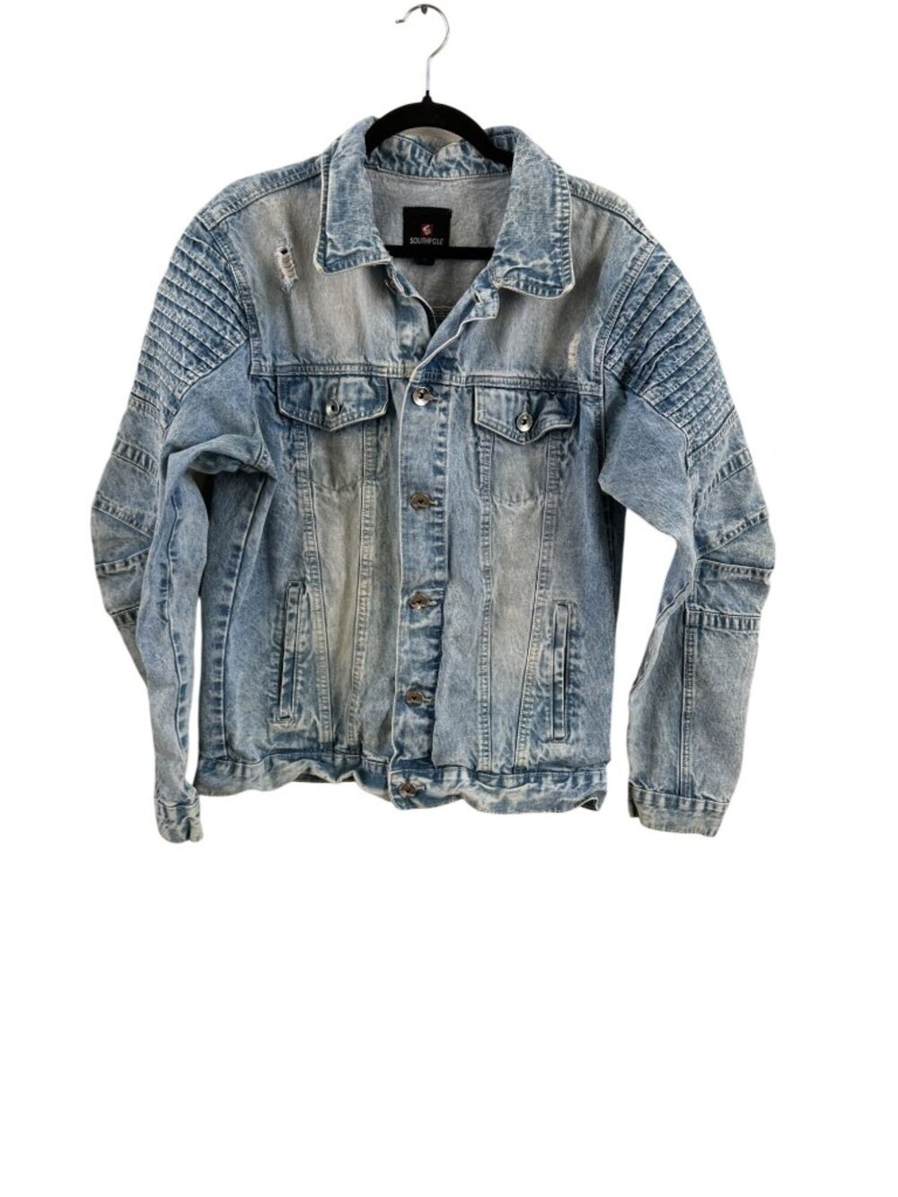 Southpole Mens L Light Acid Wash Denim Jacket Distressed Moto Biker Y2K Hip Hop